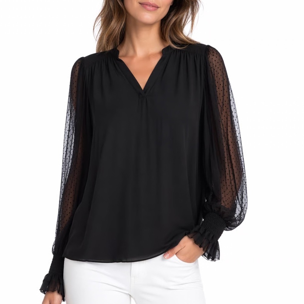 Haver London Tunic Top Womens Large Black Mesh Long Sleeve Split Neck Pullover